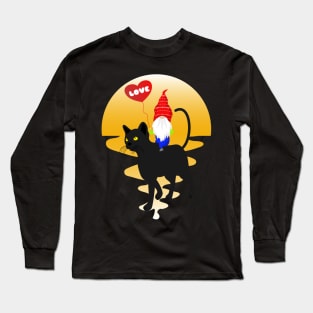 Love Gnome Riding Black Cat Lovers Long Sleeve T-Shirt